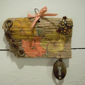 Soft Things, Hard Places | Found Object Assemblage Art | Vintage Hankie, Driftwood, Rusted Chain & Escutcheon