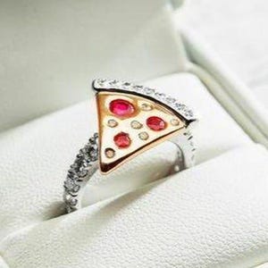Food Lover Ring, Pizza Slice Ring, Red Ruby Round Cut Wedding Ring, Food Inspired Ring, Two Tone Accent Ring, Cluster Diamond Unique Ring