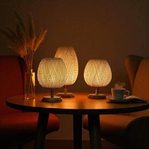Bamboo Table Lamp – Stepless Dimmable Wicker Bedside Light | Vintage Wooden Nightstand Lamp for Bedroom, Desk, or Living Room