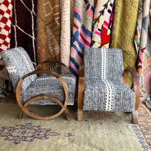 Custom Made Pair of Moroccan Armchairs, Set of 2 Kilim Rug Lounge Chair, Authentic Armchair, Midcentury Chair, Authentic Walnut wood chair