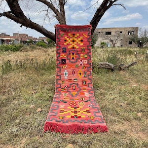 May include: A vibrant, rectangular rug with a red background and geometric patterns in yellow, orange, blue, and green. The rug has a fringed edge and is displayed outdoors, draped over a tree branch. The rug's design features repeating shapes and symbols.