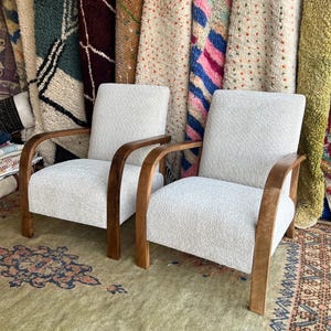 Custom Made Boucle Moroccan Armchairs, Set of 2 Bouclé Lounge Chair, Pair Authentic Armchair, Midcentury Chair, Authentic Walnut wood chair