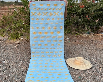 Einzigartiger Blauer Marokkanischer Läufer, Handgewebter marokkanischer Teppich für Dielen / Eingangsbereiche, Langer Berber Teppich Läufer, 7x3m w