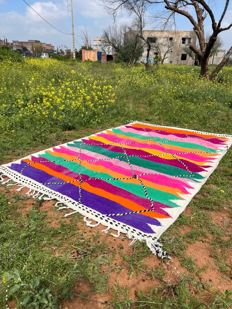 Tapete marroquino colorido, tapete berbere multicolorido, tapete de trama plana, tapete grande, autêntico tapete kilim colorido, tapete marroquino, tapete berbere 1,8 x 2,7 m imagem 7