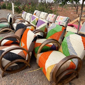 Pair of Moroccan Armchairs, Kilim Rug Lounge Chair, Accent Armchair, Midcentury Chair, Vintage Walnut Armchair, Contact us for current stock