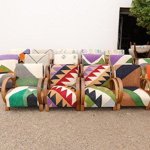 Pair of Moroccan Armchairs, Kilim Rug Lounge Chair, Accent Armchair, Midcentury Chair, Vintage Walnut Armchair, Contact us for current stock
