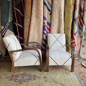 Custom Made Moroccan Armchairs, Set of 2 Kilim Rug Lounge Chair, Pair of Authentic Armchairs, Midcentury Chair, Bohemian Walnut wood chair