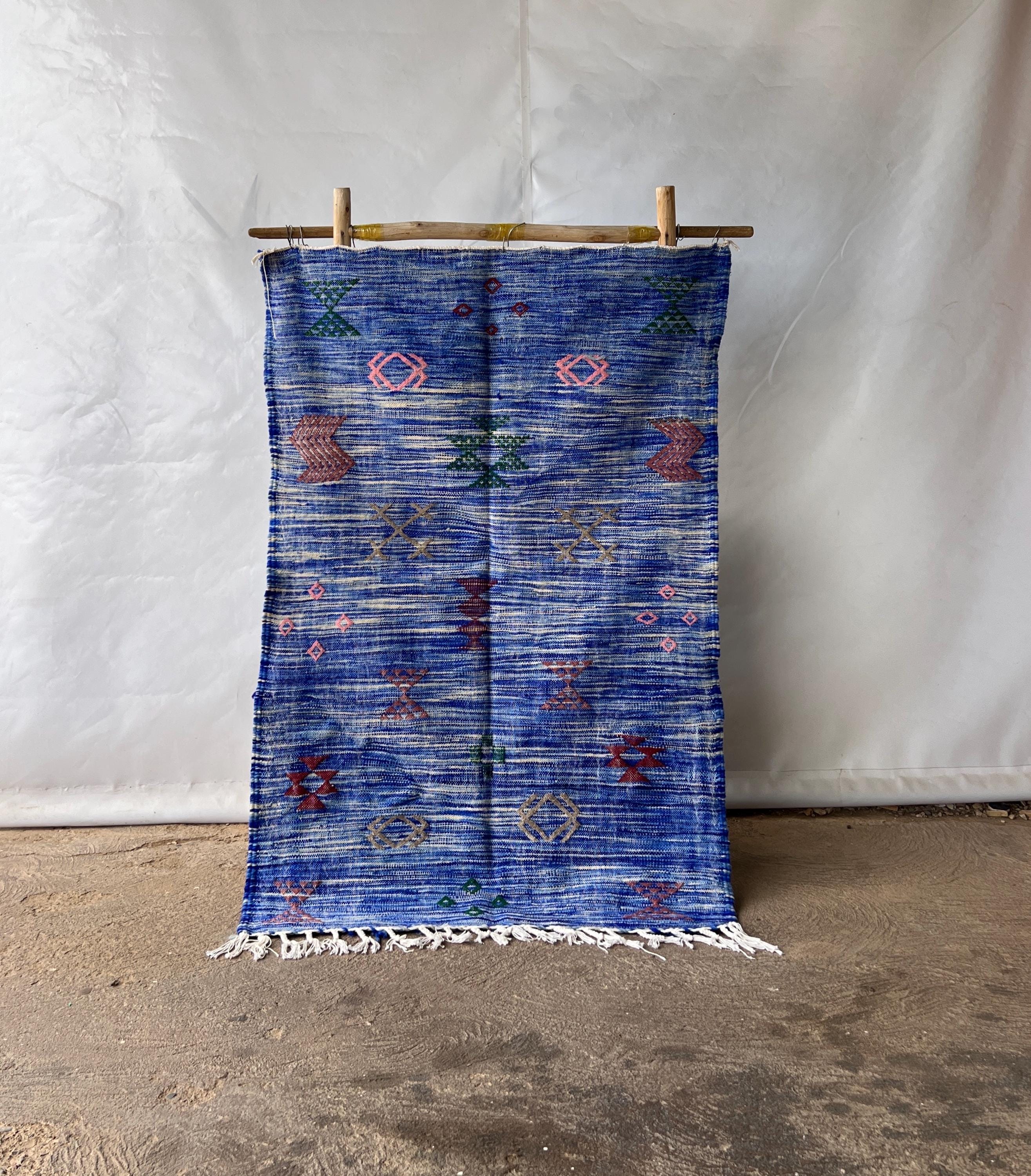 Moroccan Blue Kilim Rug, Berber Flatweave Rug, Moroccan