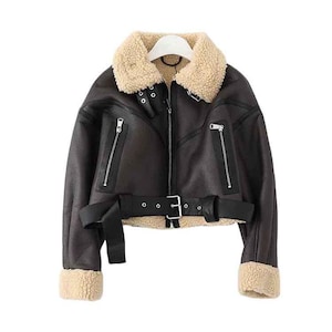 Women&#39;s Sheep Leather Fur Jacket - Handmade Sheepskin Leather Jacket - Leather Fur Jacket - Shearling Bomber Biker Fur Jacket