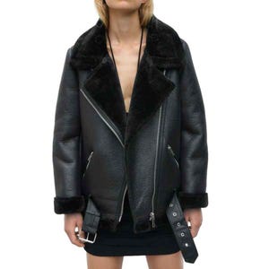 Women&#39;s Real Sheep Leather Fur Jacket - Handmade Sheepskin Leather Jacket - Leather Fur Aviator Jacket -Shearling Bomber Biker Jacket