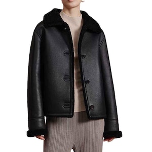 Women&#39;s Real Sheep Leather Fur Jacket - Handmade Sheepskin Leather Jacket - Leather Fur Aviator Jacket -Shearling Bomber Biker Jacket