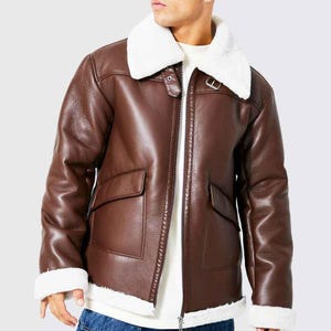 Men&#39;s Sheepskin Leather Jacket - Handmade Genuine Leather With Inner Fur Jacket - Shearling Aviator Bomber Jacket - Fur Jacket