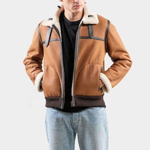 Men&#39;s Genuine Leather Fur Jacket - Sheepskin Leather Jacket - Handmade Leather Fur Jacket - Shearling Aviator Jacket - Jacket