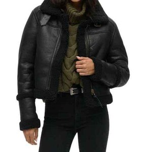 Women&#39;s Sheep Leather Fur Jacket - Handmade Sheepskin Leather Jacket - Leather Fur Jacket - Shearling Bomber Biker Fur Jacket