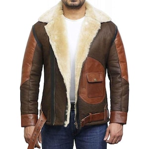 Men&#39;s Sheepskin Leather Jacket - Handmade Genuine Leather With Inner Fur Jacket - Shearling Aviator Bomber Jacket - Fur Jacket