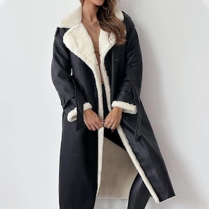 Women&#39;s Sheepskin Leather Fur Coat - Handmade Real Leather Fur Coat - Aviator Shearling Coat -  Fur Winter Warm Coat