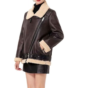 Women&#39;s Real Sheep Leather Fur Jacket - Handmade Sheepskin Leather Jacket - Leather Fur Aviator Jacket -Shearling Bomber Biker Jacket