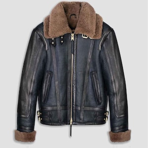 Men&#39;s Genuine Leather Fur Jacket - Sheepskin Leather Jacket - Handmade Leather Fur Jacket - Shearling Aviator Jacket - Jacket