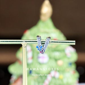 Abalorio de plata de ley compatible con Pandora con letra V y dije de mariposa, joyería DIY para collar, pulsera, idea de regalo personalizada