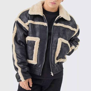 Men&#39;s Sheepskin Leather Biker Jacket - Handmade Genuine Leather Fur Jacket - Shearling Aviator Bomber Jacket - Fur Warm Jacket