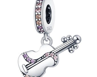 Charm de violín Pandora en plata de ley 925, charm musical, charm de plata para pulsera - Regalo para ella - Regalo de Navidad - Regalo de cumpleaños
