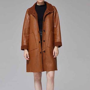 Women&#39;s Sheepskin Leather Fur Coat - Handmade Real Leather Fur Coat - Aviator Shearling Coat -  Fur Winter Warm Coat