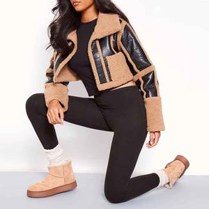 Women&#39;s Genuine Sheepskin Leather Fur Jacket - Handmade Sheep Leather Jacket - Leather Fur Jacket -Shearling Bomber Biker Jacket