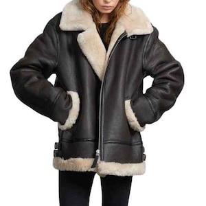 Women&#39;s Sheep Leather Fur Jacket - Handmade Sheepskin Leather Jacket - Leather Fur Jacket - Shearling Bomber Biker Fur Jacket