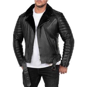 Men&#39;s Sheepskin Leather Biker Jacket - Handmade Genuine Leather Fur Jacket - Shearling Aviator Bomber Jacket - Fur Warm Jacket