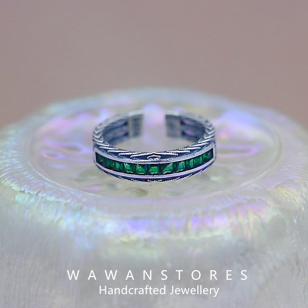 PYTALI 2CT Silver Emerald Ring for Men S925 Sterling Silver