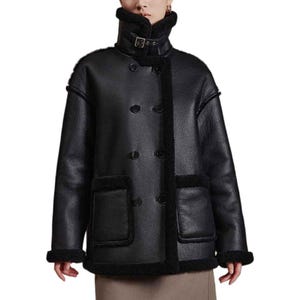 Women&#39;s Real Sheep Leather Fur Jacket - Handmade Sheepskin Leather Jacket - Leather Fur Aviator Jacket -Shearling Bomber Biker Jacket