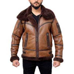 Men&#39;s Sheepskin Leather Jacket - Handmade Genuine Leather With Inner Fur Jacket - Shearling Aviator Bomber Jacket - Fur Jacket
