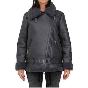 Women&#39;s Real Sheep Leather Fur Jacket - Handmade Sheepskin Leather Jacket - Leather Fur Aviator Jacket -Shearling Bomber Biker Jacket