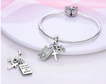 Charm Pandora Biblia en plata de ley 925 con cruz y ángel para pulsera y collar. Regalo para ella: regalo de Navidad, regalo de Halloween.