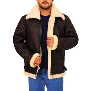 Men&#39;s Sheepskin Leather Biker Jacket - Handmade Genuine Leather Fur Jacket - Shearling Aviator Bomber Jacket - Fur Warm Jacket