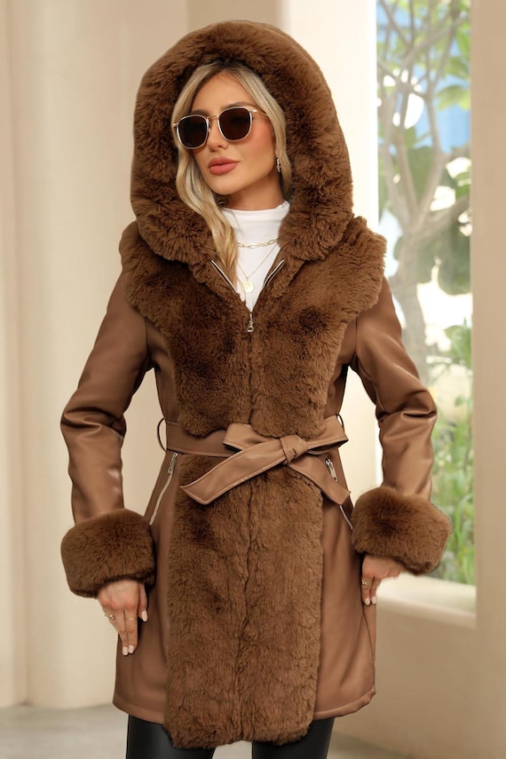 Kunstpelz Wintermantel Faux Pelzmantel Damen Fake Fur Wendemantel