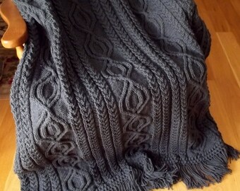 Knit Afghan, Blanket, Throw  Cable Abby in Charcoal, Wedding, Anniversary