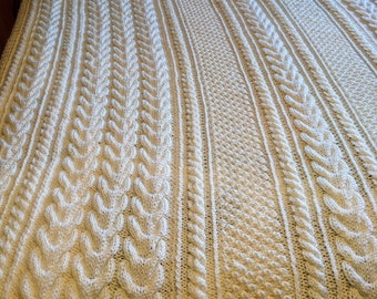 Afghan Knit Edie Aran in Soft White, Blanket, Throw, Wedding, Anniversary, Special gift