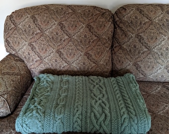 Knit Afghan in Cables Galore in Lt Sage, Blanket, Throw, Wedding gift, Anniversary Gift