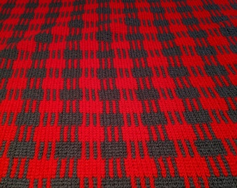 Afghan Buffalo Plaid, Crochet, Red and Charcoal