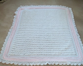 Baby Afghan in Puff pattern, in White and Pink, Baby Blanket, Baptism Blanket, Christening, Blanket, Baby Girl