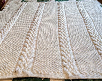 Knit Afghan in Cable and Pebbles in Soft White, Blanket, Throw, Wedding Gift, Home Decor