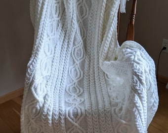 Afghan Cable Abby in Soft White, Blanket, Throw, Wedding