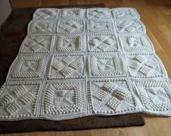 Afghan Crocheted in Popcorn in Soft White, Blanket, Throw, Popcorn Afghan