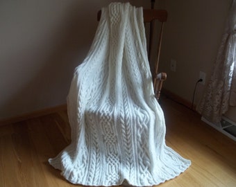 Afghan Cables Galore in Soft White, Blanket, Throw,