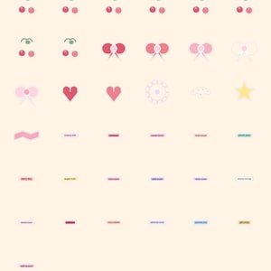 May include: A collection of small adhesive stickers featuring various icons including cherries, bows, hearts, a star, and a circle. Several rectangular stickers contain text labels such as cherry soft, sweet tooth, berry day, sugar rush, and soft launch.