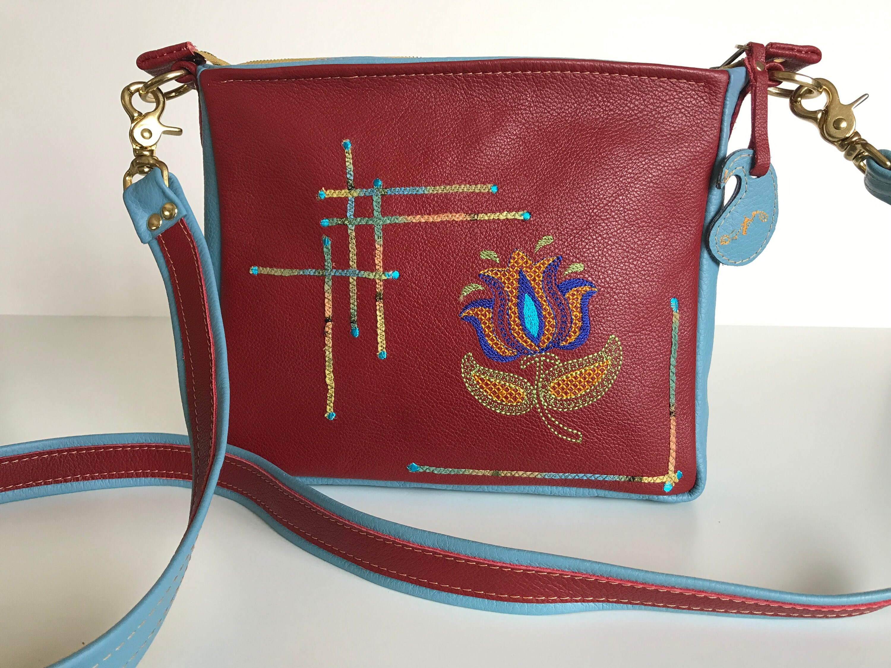 All Leather Red and Turquoise Embroidered Medium Crossbody Bag
