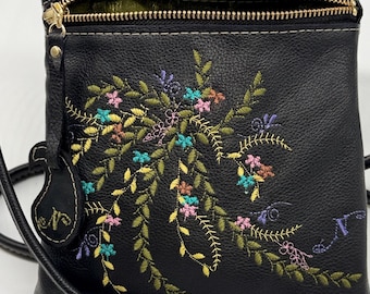Embroidered Leather Crossbody Pocket Purse “Sophisticated Garden”