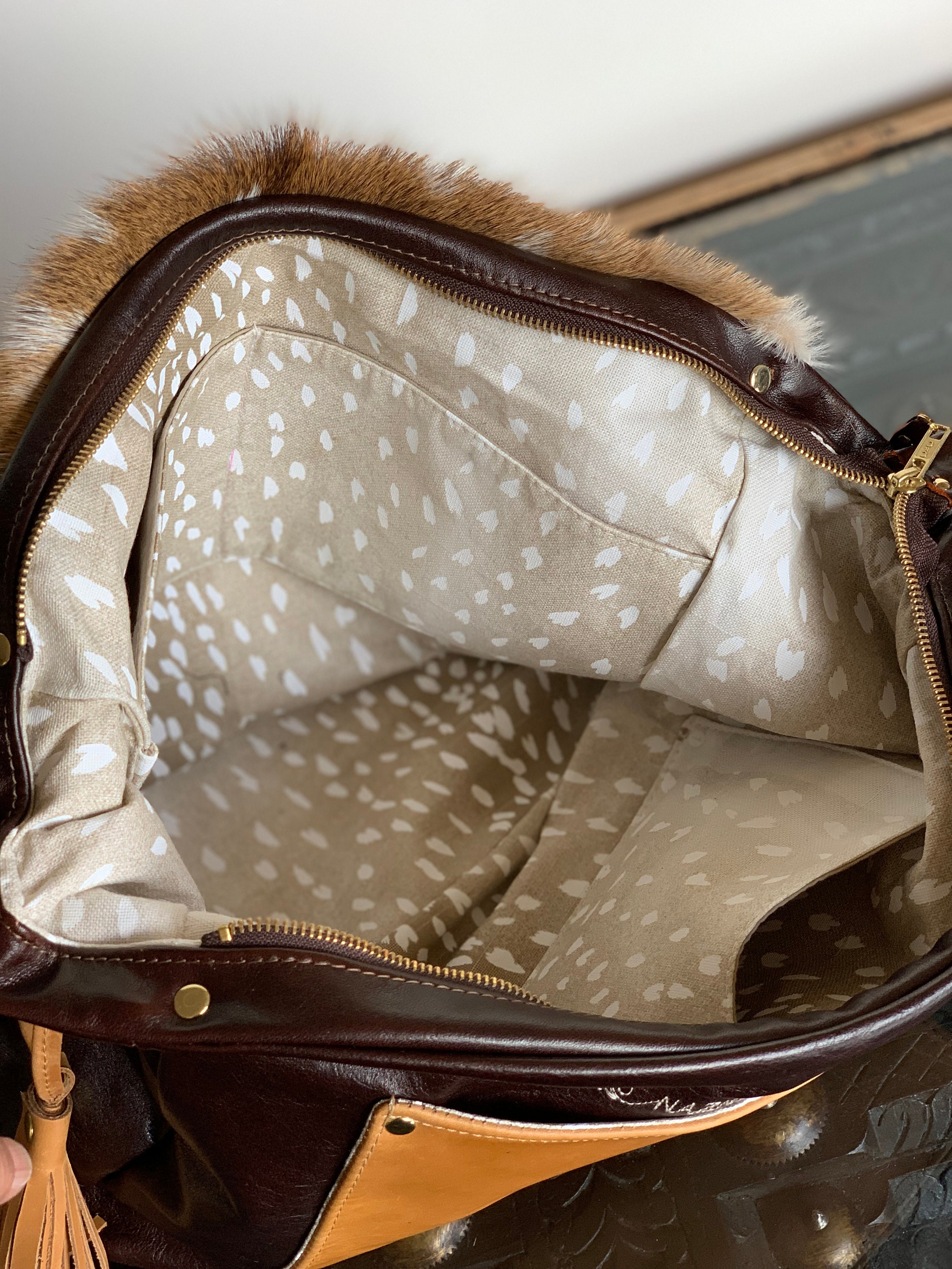 Axis Deer Skin With Fur on and Genuine Leather Medium Shoulder Bag