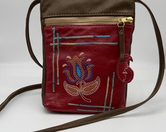 Embroidered Leather Crossbody Pocket Purse “Sophisticated Garden”